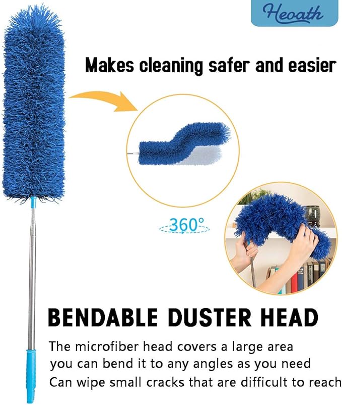 Microfiber Feather Duster with Extendable Pole, 100 inches Extra Long Cobweb Duster for Cleaning, Bendable Head, Non-Scratch, Washable Duster for Ceiling, Fan, Furniture Blue