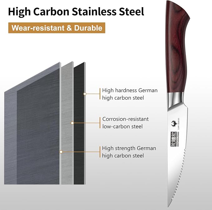 HOSHANHO Steak Knife Set 8 Pieces, 4.5 Inch Super Sharp High Carbon Stainless Steel Steak Knife Set, Professional Premium Serrated Precise Cutting with Ergonomic Wood Handle