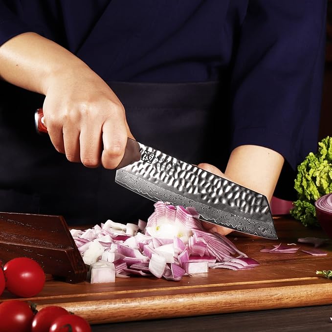 KEEMAKE Damascus Chef Knife 8 inch - Kiritsuke knife with Hammered Damascus Steel Blade Kitchen Knives, Pakkawood Handle Chopping Knife for Meat Cutting, w/Walnut Sheath