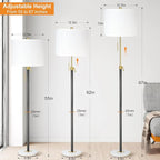 Floor Lamp for Living Room Adjustable Tall Standing Lamp, 3-Way Dimmable Floor Lamp for Bedroom Office, Black Gold Lamp with Marble Base and White Linen Shade
