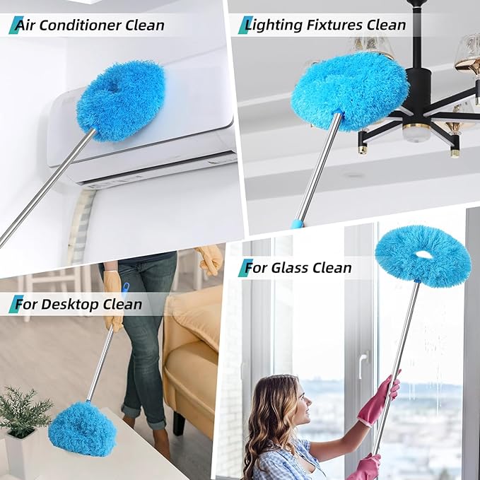 DRQ Ceiling Fan Cleaner Duster, 2 Pack Reusable Microfiber Duster with Extension Pole, 13 to 50 Inch Fan Blade Cleaner, Removable Dusters for Cleaning Walls Bookshelves Door Window Top (Blue)