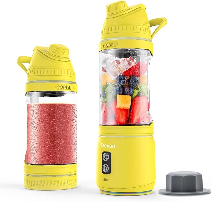 Portable Blender, Anti-Jamming 300 Watt for Shakes and Smoothies, 24oz Travel Blender USB Rechargeable, BPA Free Sporty bottle with a Travel Lid. (Black Base Grey Lid) (Yellow Base Yellow Lid)