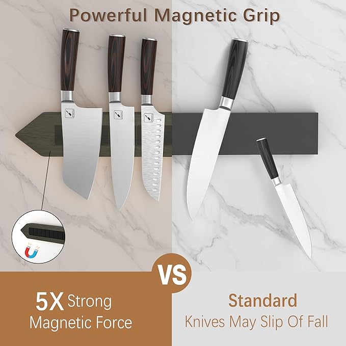 imarku Magnetic Knife Holder for Wall - 16 Inch Acacia Wood Magnetic Knife Strip with Powerful Magnet, Knife Magnetic Strip for Kitchen Utensil Organizer with 4 Hooks, Dark Gray