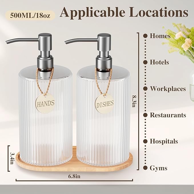 Glass Dish Soap Dispenser Set for Kitchen Sink,18Oz Hand Soap Dispenser for Bathroom with Wood Tray & Silver Stainless Steel Pump,Vertical Stripe Design