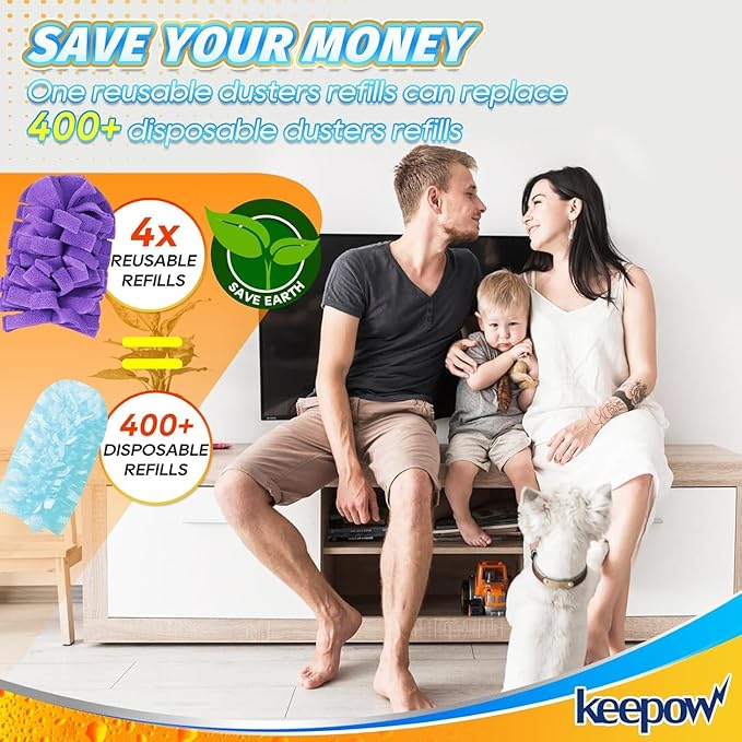 KEEPOW 12 Pack Reusable Duster Refill Compatible with Swiffer Duster Extended Handle, 360° Heavy Duty Duster Refills, Microfiber Dusters for Cleaning, Fleece Refills(Handle is Not Included)