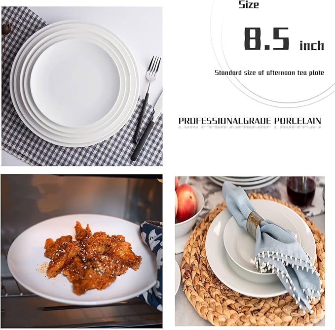 Amazon 6-Piece 8.5" White Dinner Plates Lightweight Round Plates, Simply Dessert Plate, Triple Layer Glass and Chip Resistant, for Microwave and Dishwasher Safe Scratch Resistant, Winter Frost White