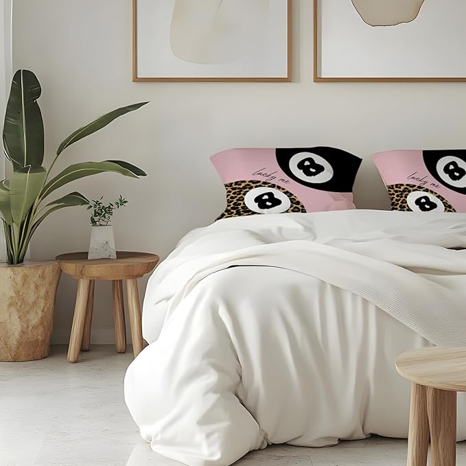 Preppy Pink Lucky 8 Ball Leopard Throw Pillow Covers 18x18, Cheetah Print Room Decor, Trendy Funky Y2K Leopard Print Motivational Decorative Pillow Covers for Girls Room Dorm Apartment