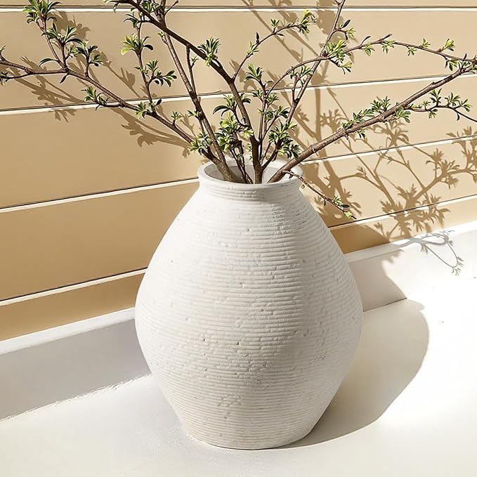 12” Ceramic Distressed Vase Handcrafted Rustic Neutral Decorative Floor Vases Home Decor Accent for Living Room, Dining Table, Entryway or Shelf Styling