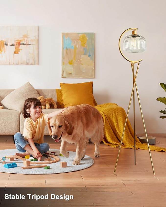 Lightdot Tripod Floor Lamp for Living Room, Gold Standing Lamp with Clear Glass Lampshade, Farmhouse Tall Lamp for Bedroom, Arced Reading Light for Home Office