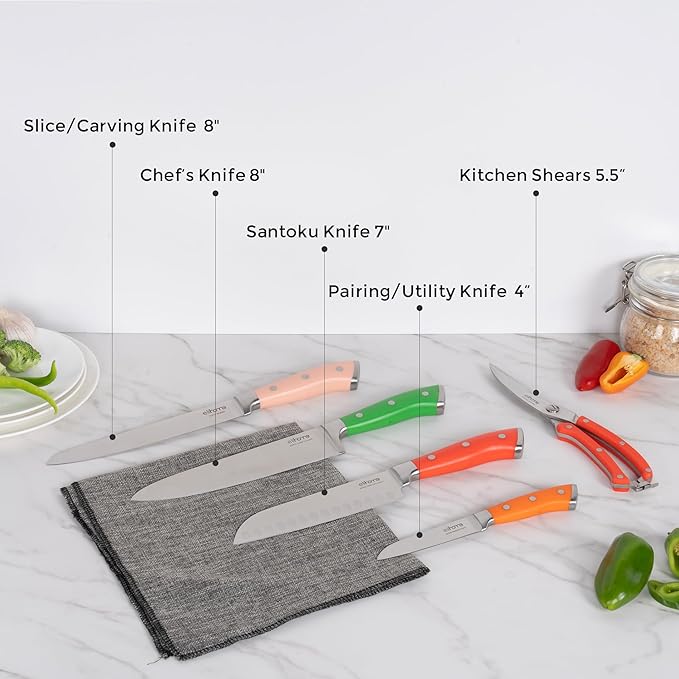 Elihome Cutting Wise 9pcs Cutting Board & Kitchen Knife Set, Color-Code Cutting Board Set with Food Icons, Non-Slip Feet, Juice Grooves, Dishwasher Safe (5PCS Knife Set + 4PCS Cutting Board Set)
