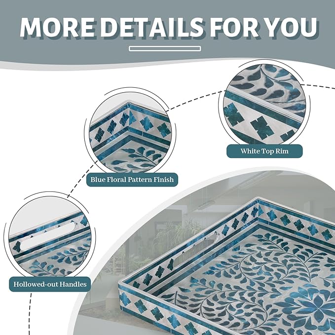 MAONAME Rectangular Decorative Tray, Plastic Serving Tray with Handles, Modern Blue Trays for Ottoman, Coffee Table Trays for Living Room, Home Decor, 15.7" x 11.8" x 1.6"