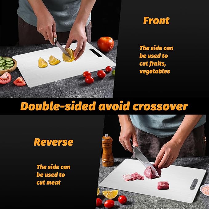 Titanium Cutting Board, Stainless Steel Cutting Board for Kitchen Dishwasher Safe, Double Sided Food-Grade Chopping Board with Peeler and Anti-slip Mat (15"L x 11"W)