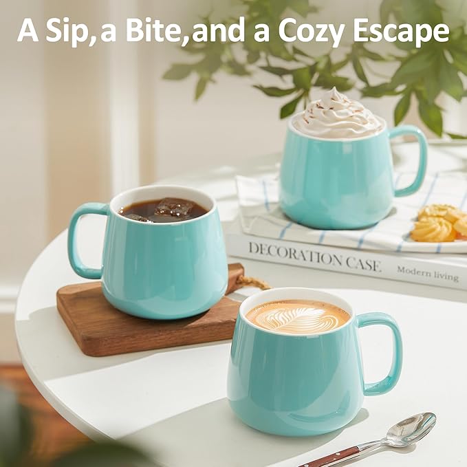 Teocera 16oz Ceramic Coffee Mugs Set of 4 – Stackable Latte Cups, Microwave, Dishwasher & Oven Safe – Ideal for Coffee, Cappuccino, Hot Chocolate, Housewarming Gifts, Turquoise