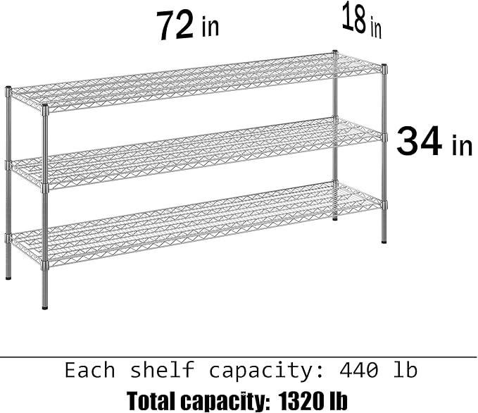 18" Deep x 72" Wide x 34" Height Wire Shelving Kit | 3-Tier | NSF Commercial Storage Rack Unit