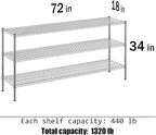 18" Deep x 72" Wide x 34" Height Wire Shelving Kit | 3-Tier | NSF Commercial Storage Rack Unit