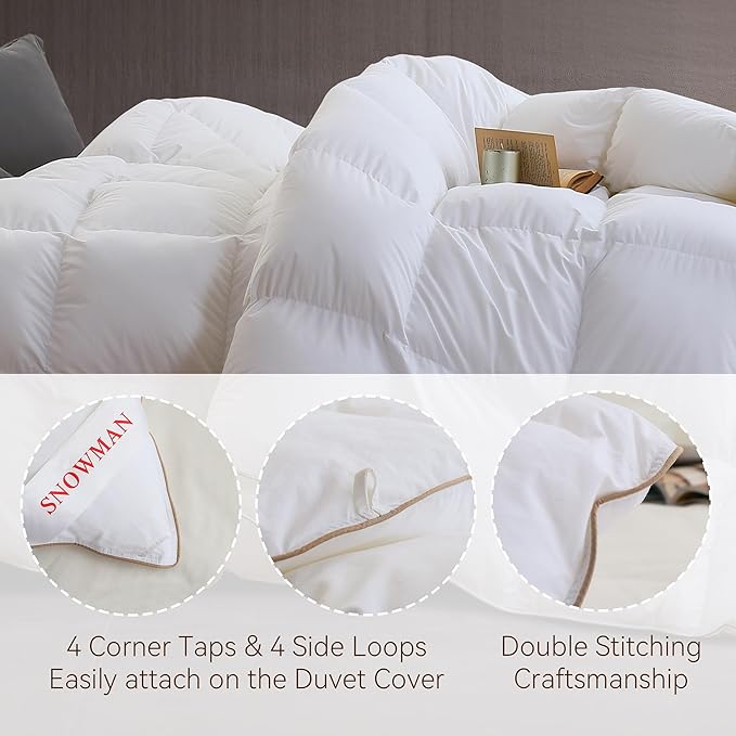 SNOWMAN Premium Down Comforter Queen Size, Luxurious All Season Duvet Insert with Cotton Blended Fabric, 37oz Fill Weight 3D Baffle Box Design Hotel Bedding Comforter (White,90"x90")