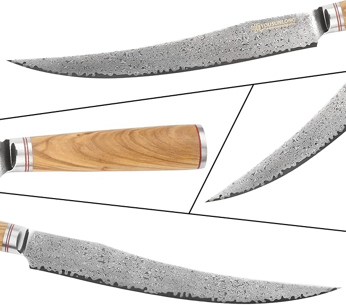 YOUSUNLONG Slicing & Carving Knife -10''(25.4cm) - Damascus Steel - Japanese Hammered Super Steel - Razor Sharp - Italian Olive wood Handle With Leather Sheath -Ham Slicer- Slicing Cleaver