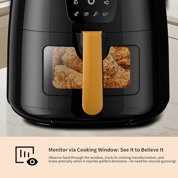 5.8 QT Large Digital Air Fryer with Window for Kitchen Use,Nonstick Made without PFAS, Touchscreen Display,400F,Customized Temp/Time,NonStick Basket,Black