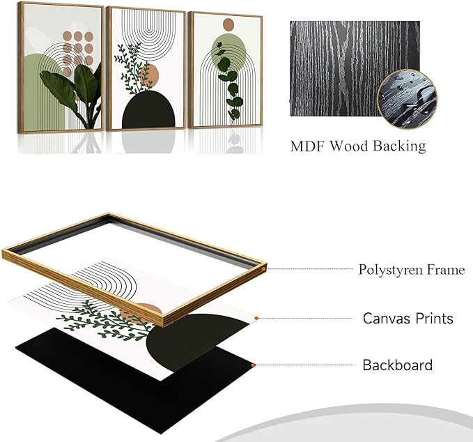 Bwodke Boho Wall Art, Framed Abstract Wall Art, Plant Canvas Wall Decor, Mid Century Line Leaf Geometric Pictures Set of 3, Minimalist Paintings, for Bedroom Living Room Bathroom 16"x24"