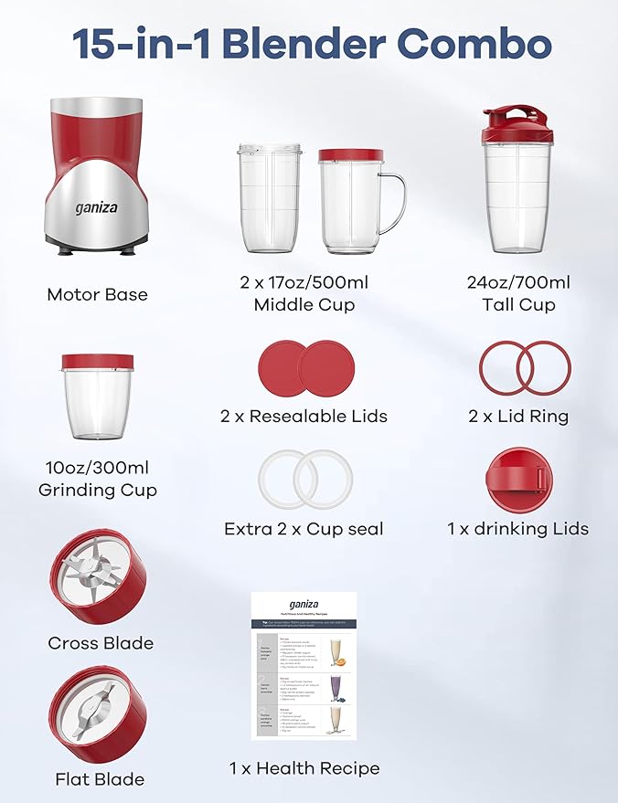 Ganiza 900W Blenders for Shakes and Smoothies, 15-Piece Personal Blender and Grinder Combo for Kitchen, Smoothies Maker with 4 BPA-Free Portable Cup, Nutritious Recipe Red