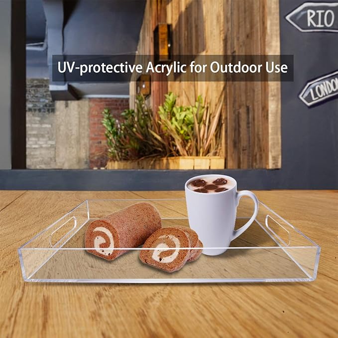 NIUBEE Acrylic Serving Tray 16x20 Inches -Spill Proof- Clear Decorative Tray Organiser for Ottoman Coffee Table Countertop with Handles