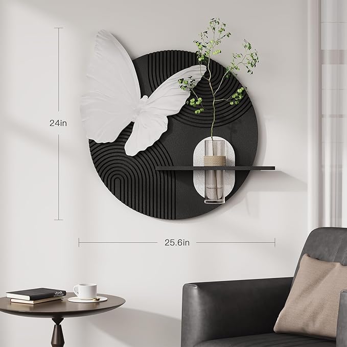 3D Textured Black and White Abstract Wall Art with Vase, White Butterfly Wall Decor, Modern Painting Artwork, Minimalist Wall Decor for Living Room Hallway Dining Room Bedroom Office, 25.6x24 In
