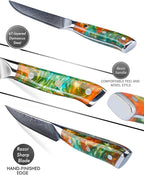 Steak Knives Set of 4, Ultra Sharp Non Serrated Kitchen Steak Knife 5 Inch - Damascus Steel & Resin Handle - Xuan Series(Fantasy Orange)