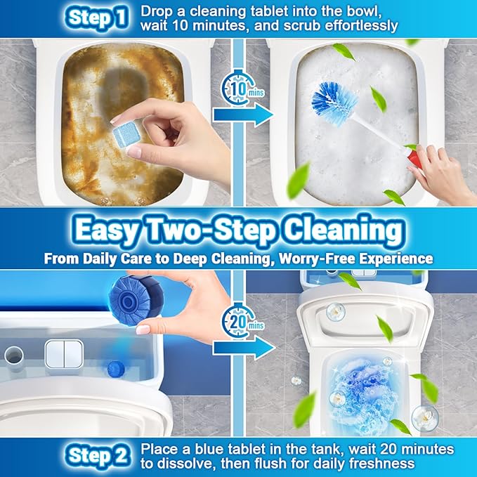 Toilet Bowl Cleaner 36 Pack, 24 Pcs Blue Toilet Bowl Tablets + 12 Pcs Tank Cleaner With Bleach, Long-Lasting Bathroom Toilet Tank Cleaner & Deodorizer, Fresh Scent(36pack,Blue)
