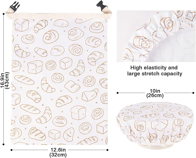 LAKE OF FIRE 16.9"x12.6" Reusable Bread Storage Bags for Homemade Bread with Reusable 2 Bowl Covers,Large Sourdough Bread Bags Food Storage Cloth Bag (White + Bread)