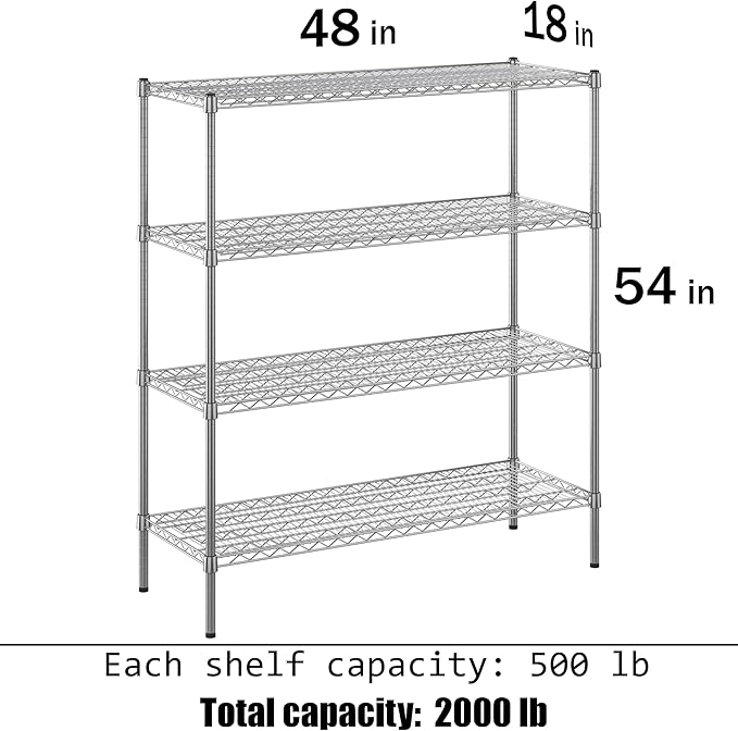 18" Deep x 48" Wide x 54" Height Wire Shelving Kit | 4-Tier | NSF Commercial Storage Rack Unit