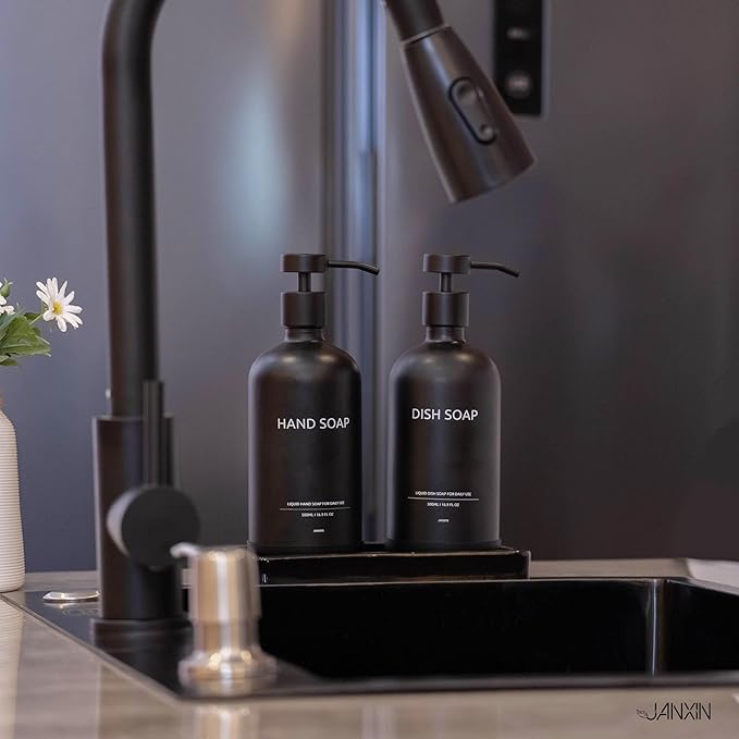 Glass Kitchen Soap Dispenser Set with Ceramic Tray,16.9 floz Hand and Dish Soap Dispenser for Kitchen and Bathroom Decor,Kitchen Accessories(Black Bottles +Black Pumps)