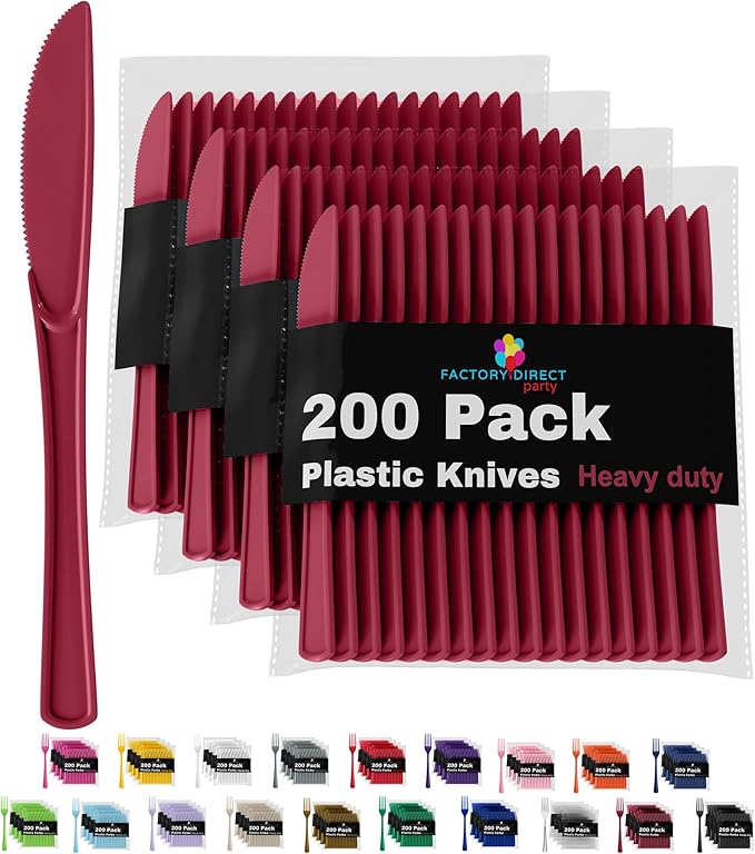 Party Solids Burgundy Plastic Knives 200 Pcs Burgundy Knives Disposable Utensils Heavy Duty Plastic Cutlery Set Disposable Cutlery Sets Flatware Sets Silverware Set Party Supplies & Party Tableware