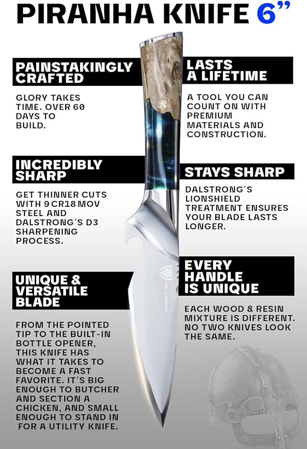 Dalstrong BBQ Piranha Knife - 6 inch - Valhalla Series - 9CR18MOV HC Steel - Celestial Resin & Wood Handle Gift Knife - Built-in Bottle Opener - Meat Cutting, Carving, Bone, Trimming - Leather Sheath