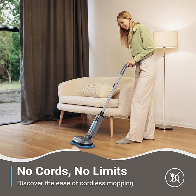 iDOO Electric Mop, Floor Scrubber Electric Spin with LED Headlight, Rechargeable Dust Cordless Dual-Motor, Spray Mop for Hardwood Floor, Clean up to 2350 ft², 46dB Quiet, Gray-4 Pads