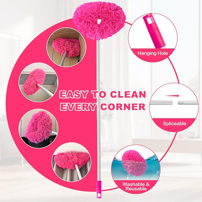 Ceiling Fan Cleaner Duster Reusable Microfiber Ceiling Fan Blade Cleaner Removable Duster with Extension Pole Adjusts 13 to 49.7 Inch for Cleaning Walls Bookshelves Furniture Door Window Top (Rosy)