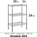 14" Deep x 24" Wide x 34" Height Wire Shelving Kit | 3-Tier | NSF Commercial Storage Rack Unit
