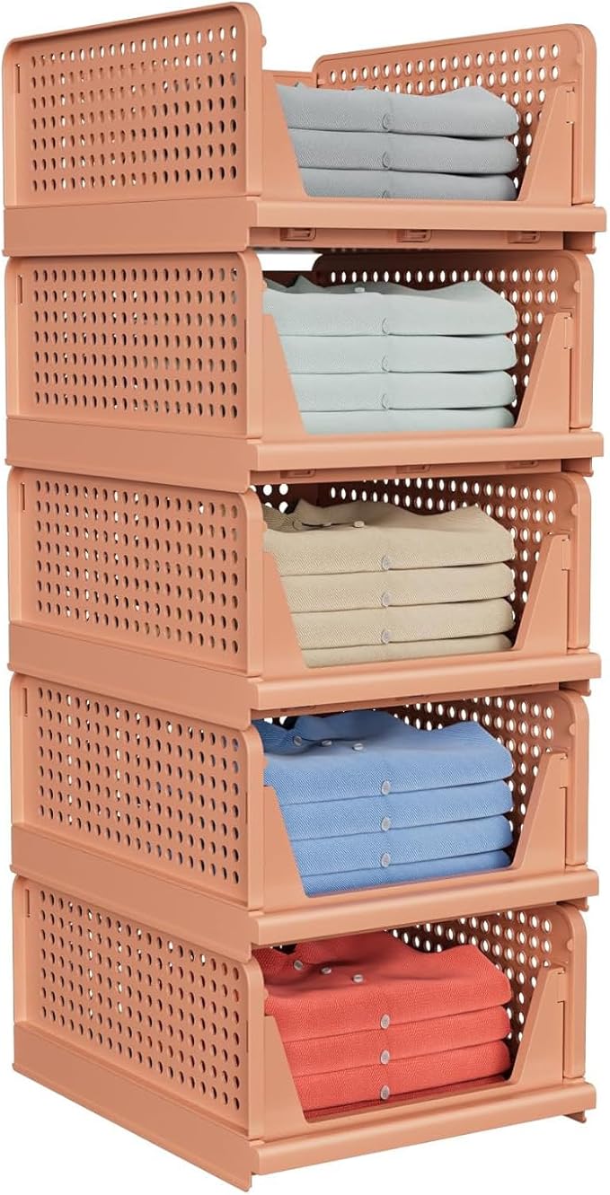 5 Pack Folding Closet Organizers Storage Box, Stackable Storage Bins, Plastic Drawer Basket Closet Storage for Wardrobe Cupboard Kitchen Bathroom Office 5L (Pink)