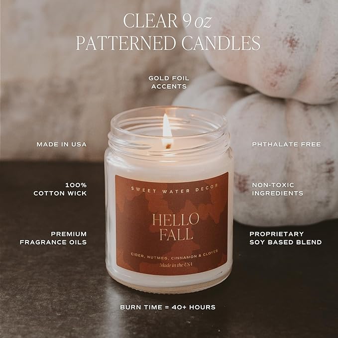 Sweet Water Decor Fall Candle - Apple, Cinnamon & Orange Scented Candles for Home - Long Lasting Candles 40 Hour Burn Time Soy Candle Wax - Perfect Candle Gift for Autumn - 9oz Patterned Jar Candles