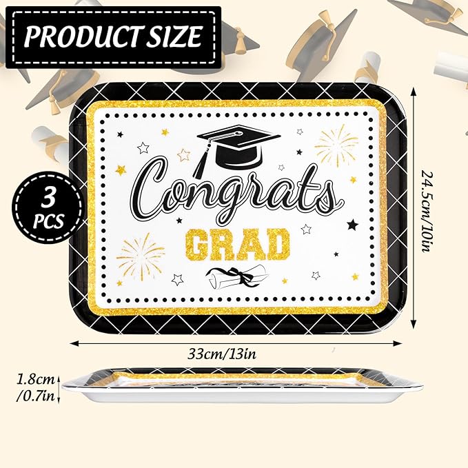 3Pcs Graduation Serving Trays 13 x 10 Inch Bachelor' s Hat Diploma Glitter Reusable Platter Congrats Grad Serving Dishes for Graduate Party Sharing Snacks Fruit Dessert
