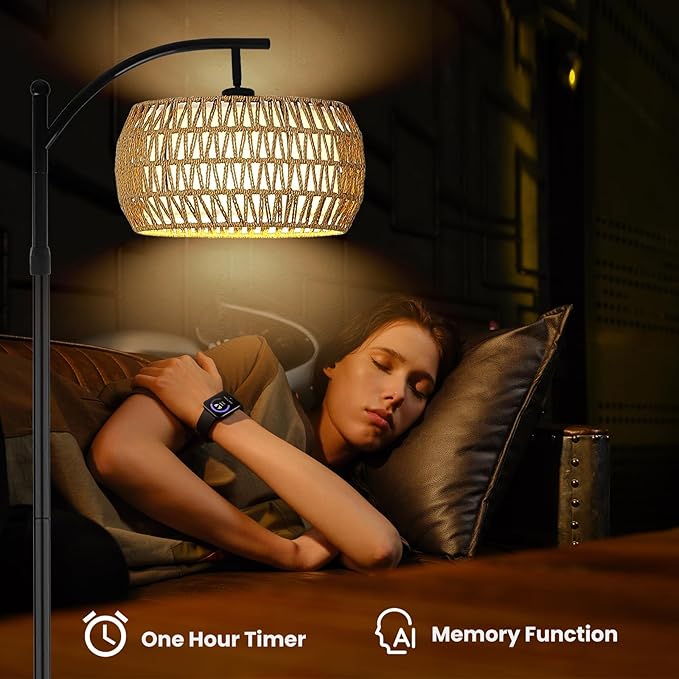 Arc Floor Lamp for Living Room,Farmhouse Floor Lamps with Remote Control & Dimmable Bulb, Boho Rattan Tall Standing Lamp for Bedroom Office