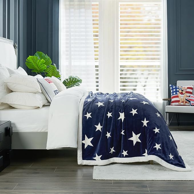 Cozy Bliss Thick Warm Sherpa Fleece Star Blanket, Double Sided Patriotic Throw Blanket Fluffy Soft Fuzzy Thick Blanket for Couch, Bed and Gifts(Navy Blue, 50" x 60")
