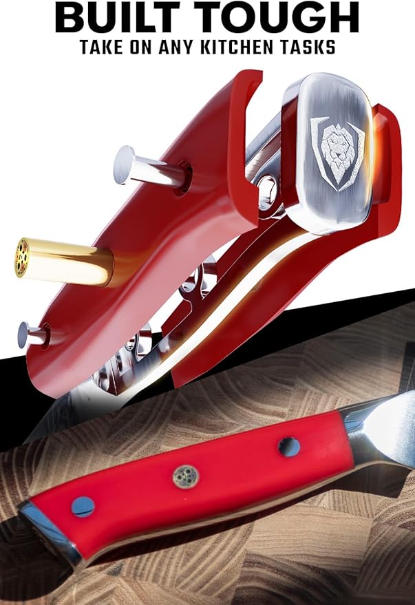 Dalstrong Chef Knife - 8 inch Blade - Shogun Series - Japanese AUS-10V Super Steel Kitchen Knife - Crimson Red Handle ABS - Damascus - Razor Sharp Knife - Professional Full Tang Knives - Sheath
