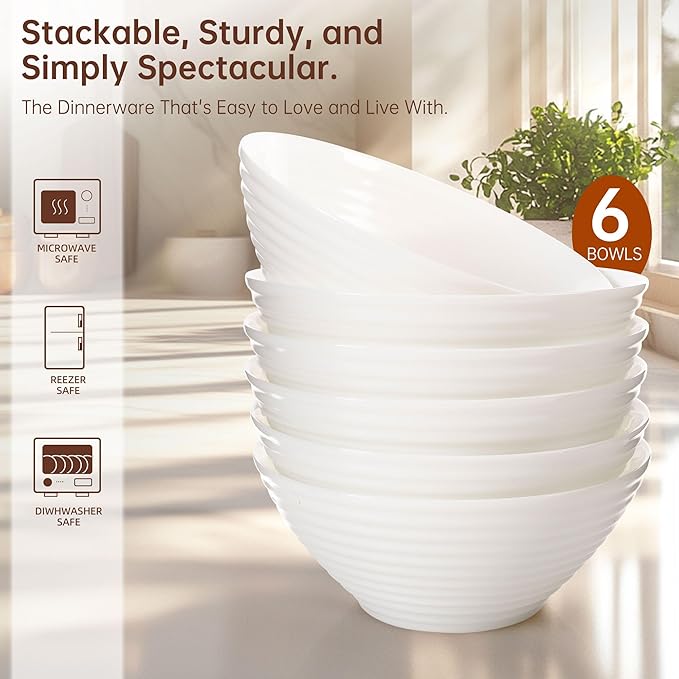 C CREST 30oz White Glass Bowl Set of 6, Perfect for Soup, Cereal, Ramen, Oatmeal, Fruit, Salad, Rice Bowls, Great for Breakfast, Lunch & Dinner