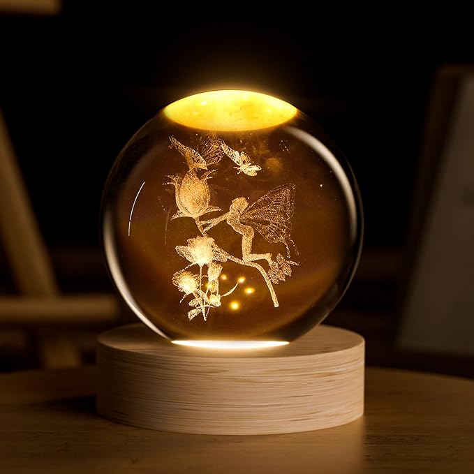 Fairy Crystal Ball, 3D Laser Engraved Rose Butterfly Glass Night Light, Decorative Globe Crystal Lamp Sphere, Decorative Light Gifts for Girls, Her, Fairy Lovers