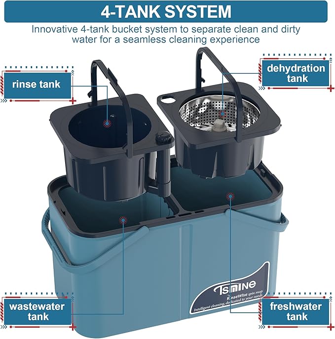 Spin Mop and Bucket System,Separates Dirty and Clean Water,4-Chamber Design,Mop and Bucket with Wringer Set,Wet & Dry Use,Best Home Floor Cleaning Tools with 8 Replacement Mop Heads,4X Wheel