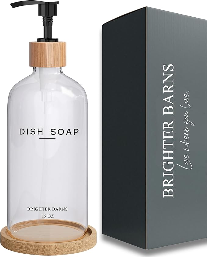 Clear Glass Dish Soap Dispenser by Brighter Barns - Kitchen Sink Set With Bamboo Tray - Modern Decor and Accessories, Minimalist Neutral Home (Clear)