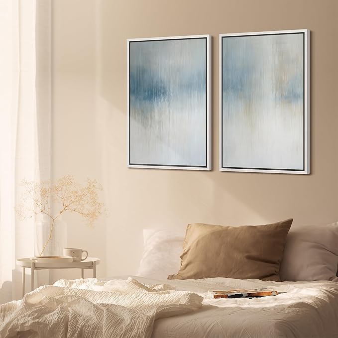 SIGNFORD Framed Canvas Print Wall Art Set Blue and Beige Abstract Modern Neutral Vertical Illustration Modern Art Decorative Nordic Nature for Living Room, Bedroom, Office - 16"x24"x2 White