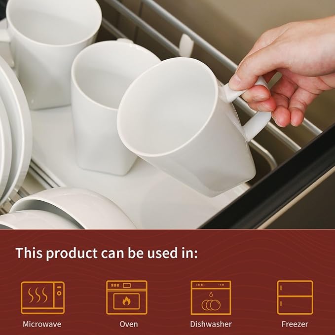 White Coffee Mugs Set of 6, Ceramic Coffee Cups 14 oz, Modern Tea Mugs, Porcelain Tea Cups, Large Mug for Latte, Cappuccino, Milk, Juice, Cocoa, Square Bottom, Microwave and Dishwasher Safe