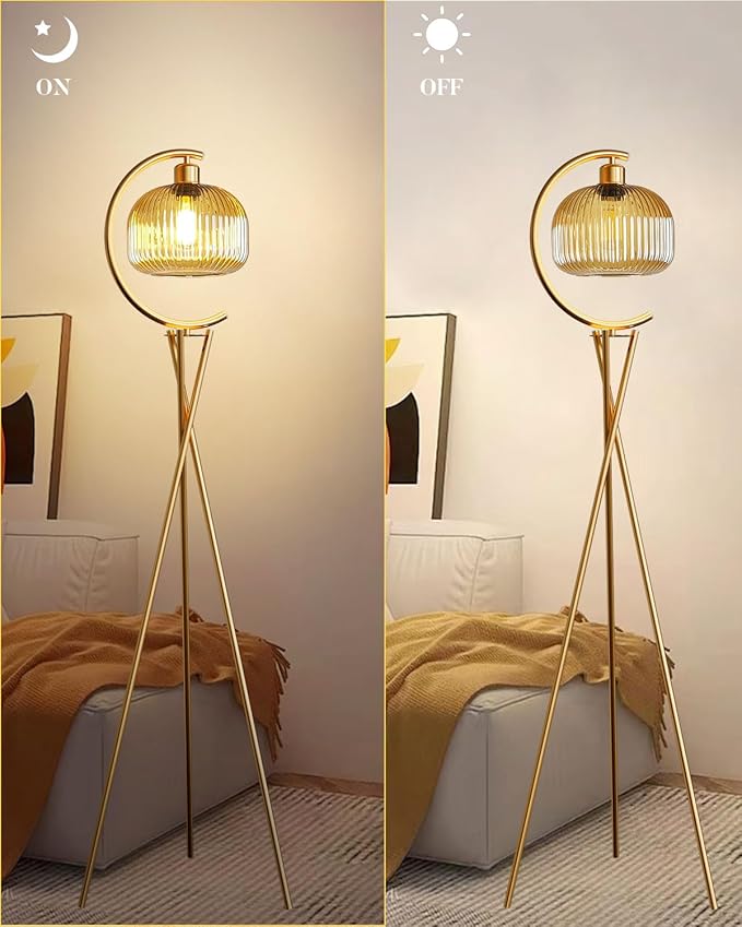 Lightdot Tripod Floor Lamp for Living Room, Gold Standing Lamp with Brown Glass Lampshade, Farmhouse Tall Lamp for Bedroom, Arced Reading Light for Home Office
