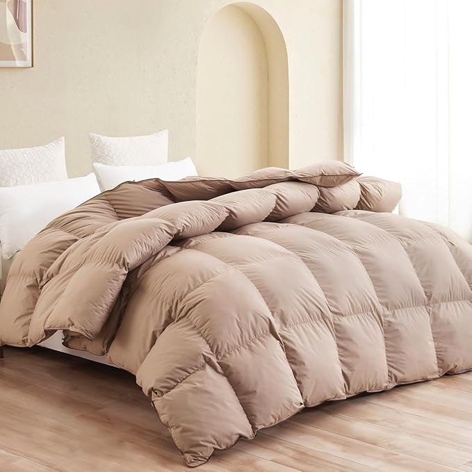 SNOWMAN Premium Down Comforter Twin Size, Luxurious All Season Duvet Insert with Cotton Blended Fabric, 28oz Fill Weight 3D Baffle Box Design Hotel Bedding Comforter (Khaki,68"x90")